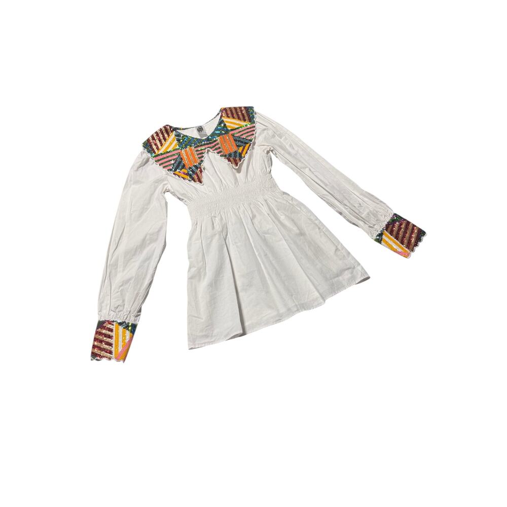 Queen of Sparkles Mini Dress Womens S White Sequin Wide Collar Smocked Waist - Picture 8 of 16
